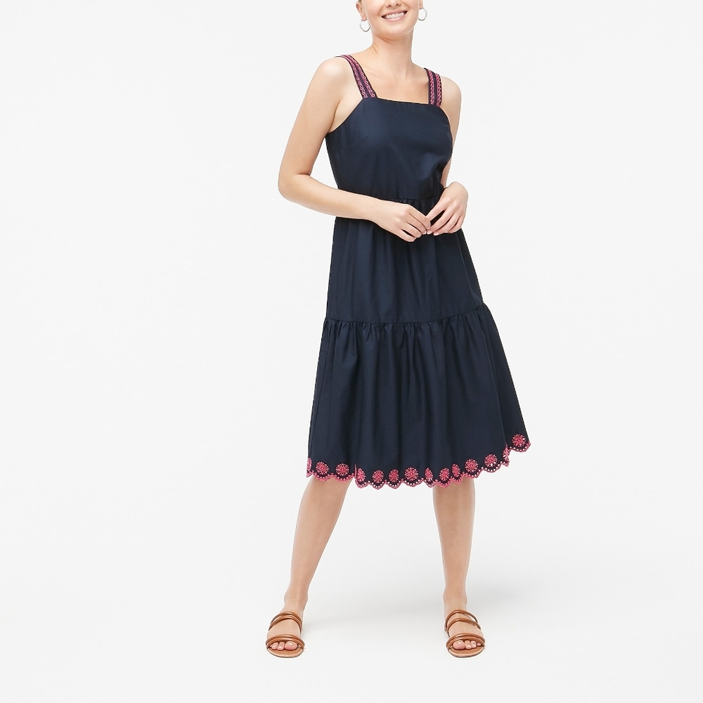 New! J Crew size 4 Embroidered Scalloped Tiered Dress Navy Blue NWT - Picture 8 of 15